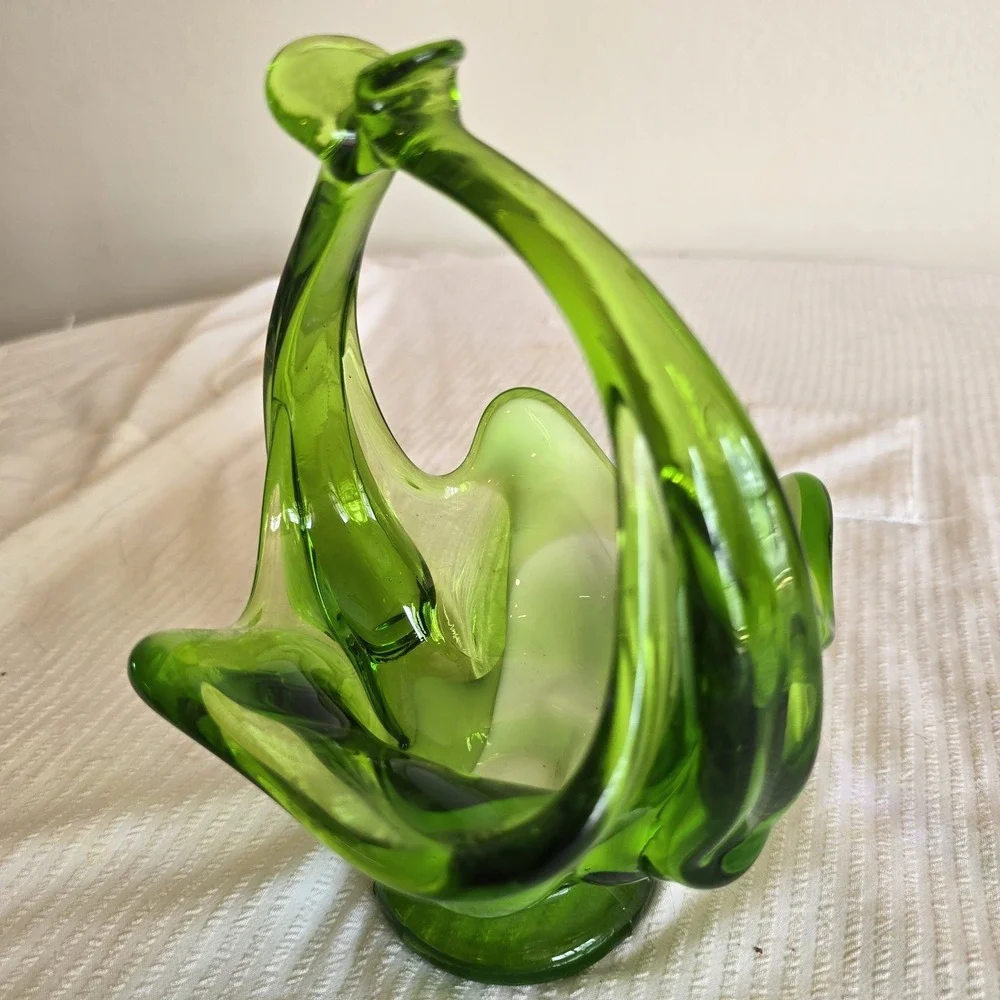 MCM 1960 Emerald Green and White Handblown Glass Basket Candy Dish Bohemian Form
